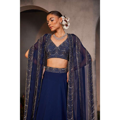 CHARU AND VASUNDHARA Leia Electric Navy Blue Ethnic Skirt with Bustier & Cape (Set of 3)