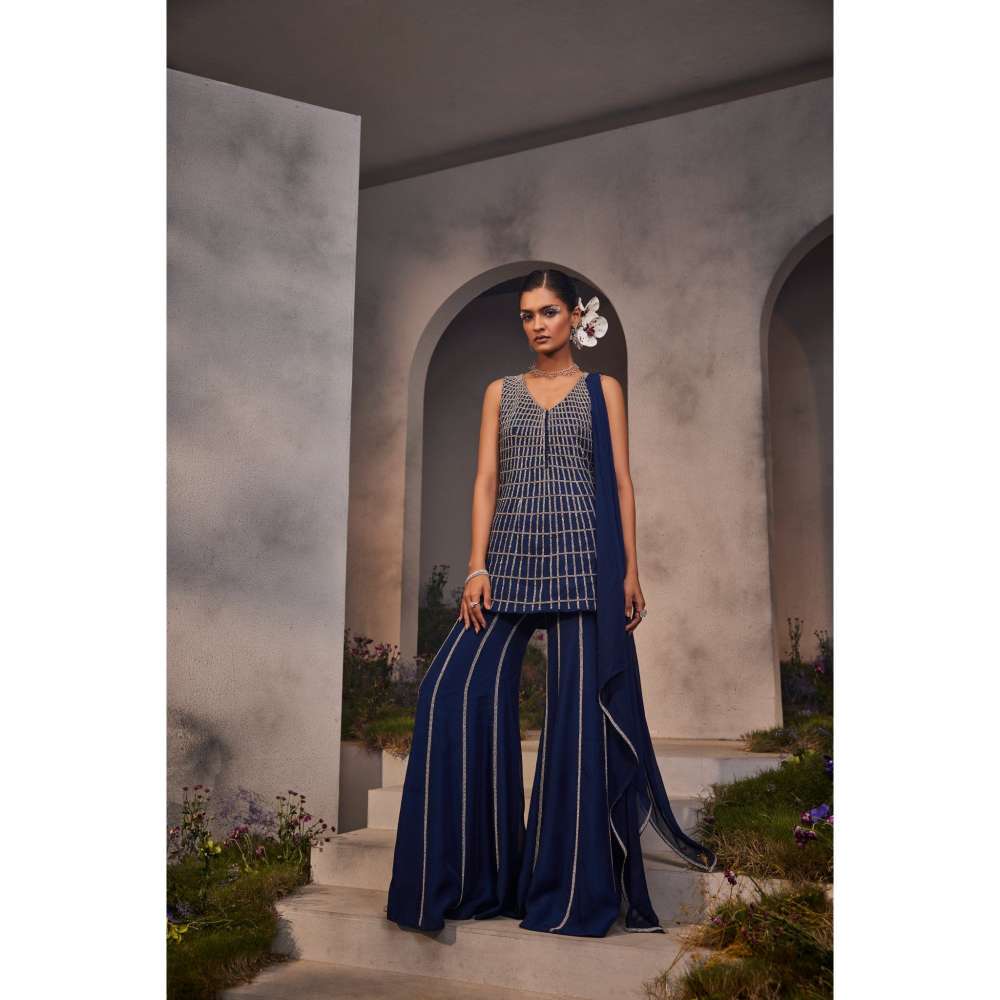 CHARU AND VASUNDHARA Lia Electric Navy Blue Kurti with Sharara & Dupatta (Set of 3)