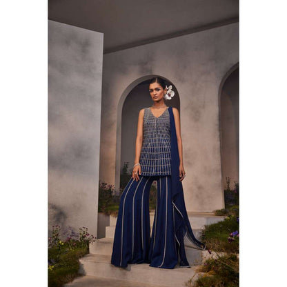 CHARU AND VASUNDHARA Lia Electric Navy Blue Kurti with Sharara & Dupatta (Set of 3)