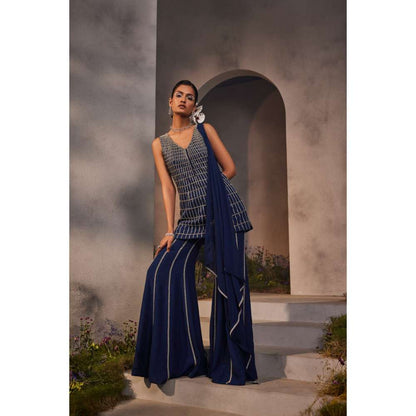 CHARU AND VASUNDHARA Lia Electric Navy Blue Kurti with Sharara & Dupatta (Set of 3)