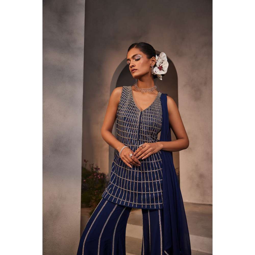 CHARU AND VASUNDHARA Lia Electric Navy Blue Kurti with Sharara & Dupatta (Set of 3)