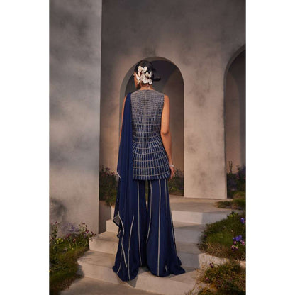 CHARU AND VASUNDHARA Lia Electric Navy Blue Kurti with Sharara & Dupatta (Set of 3)