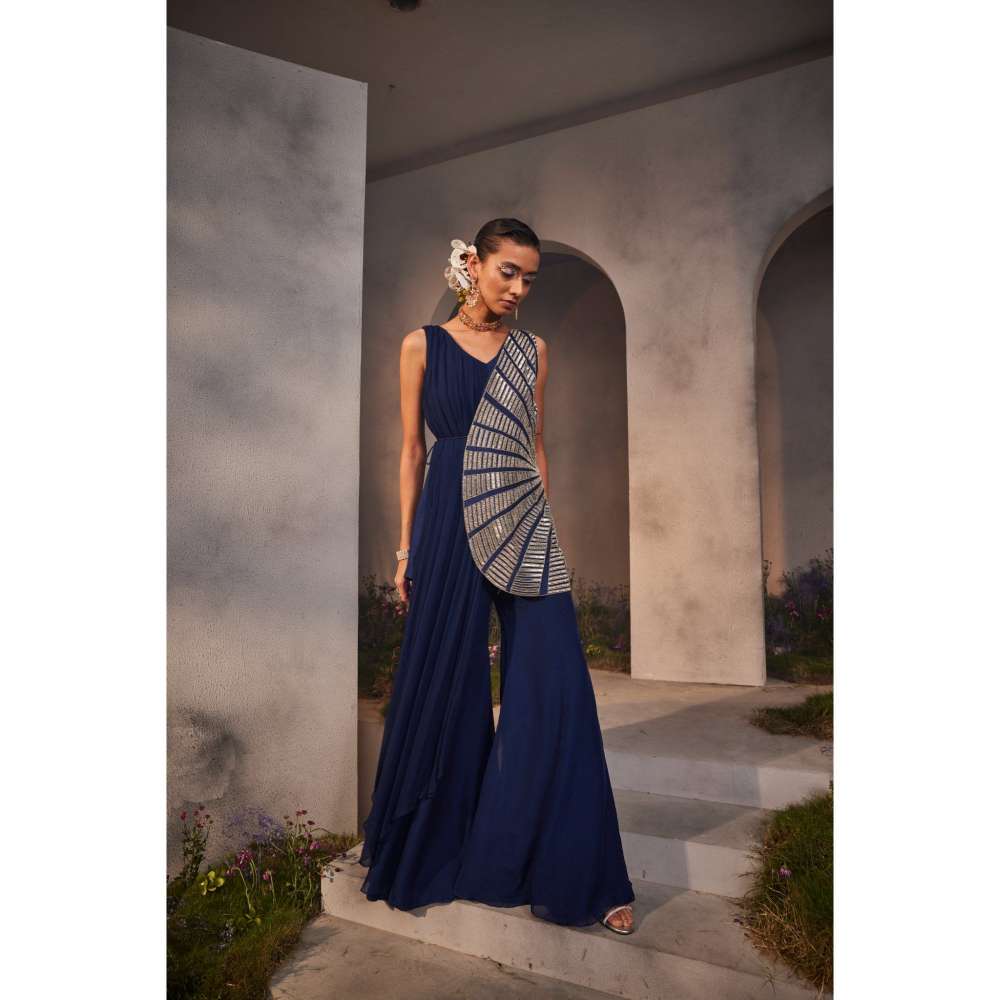 CHARU AND VASUNDHARA Louisa Electric Navy Blue Jacket with Drape Inner & Sharara (Set of 3)