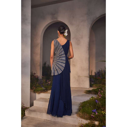 CHARU AND VASUNDHARA Louisa Electric Navy Blue Jacket with Drape Inner & Sharara (Set of 3)