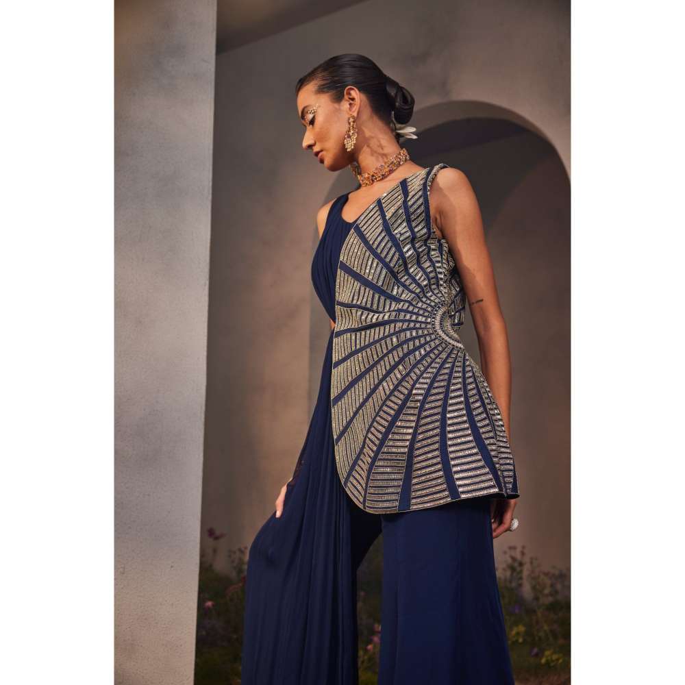 CHARU AND VASUNDHARA Louisa Electric Navy Blue Jacket with Drape Inner & Sharara (Set of 3)