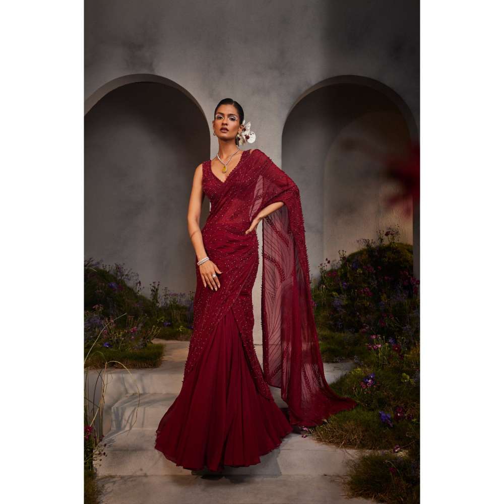 CHARU AND VASUNDHARA Lydia Maroon Embellished Lehenga Saree with Stitched Blouse