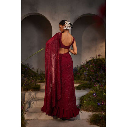 CHARU AND VASUNDHARA Lydia Maroon Embellished Lehenga Saree with Stitched Blouse