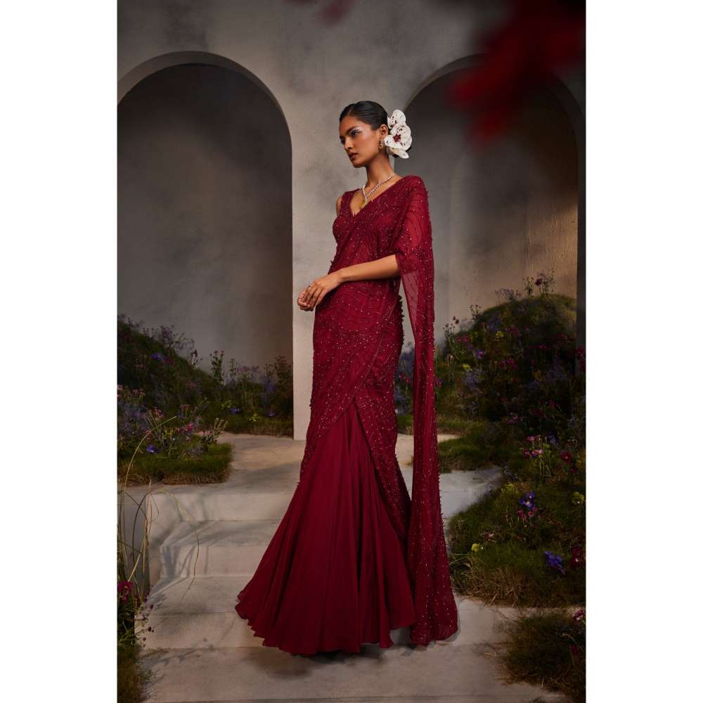 CHARU AND VASUNDHARA Lydia Maroon Embellished Lehenga Saree with Stitched Blouse