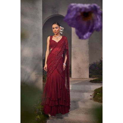 CHARU AND VASUNDHARA Leila Maroon Embroidered Lehenga Saree with Stitched Blouse & Palla