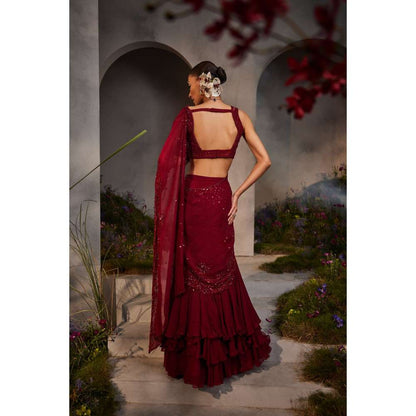CHARU AND VASUNDHARA Leila Maroon Embroidered Lehenga Saree with Stitched Blouse & Palla