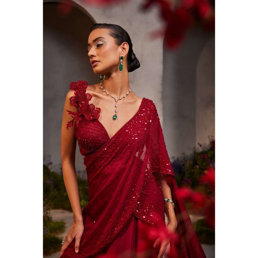 CHARU AND VASUNDHARA Leilani Maroon Embroidered Pre-Draped Saree with Stitched Blouse & Palla