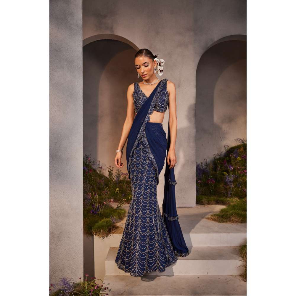 CHARU AND VASUNDHARA Lena Electric Embroidered Pre-Draped Saree with Stitched Blouse & Palla