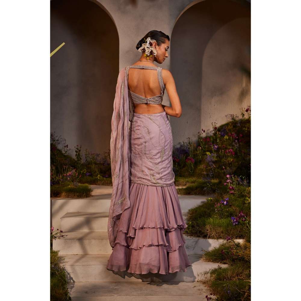 CHARU AND VASUNDHARA Lilith Lavender Embellished Lehenga Saree with Stitched Blouse & Palla