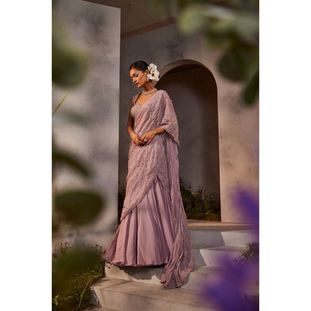 CHARU AND VASUNDHARA Liah Lavender Embellished Lehenga Saree with Stitched Blouse
