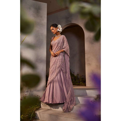 CHARU AND VASUNDHARA Liah Lavender Embellished Lehenga Saree with Stitched Blouse