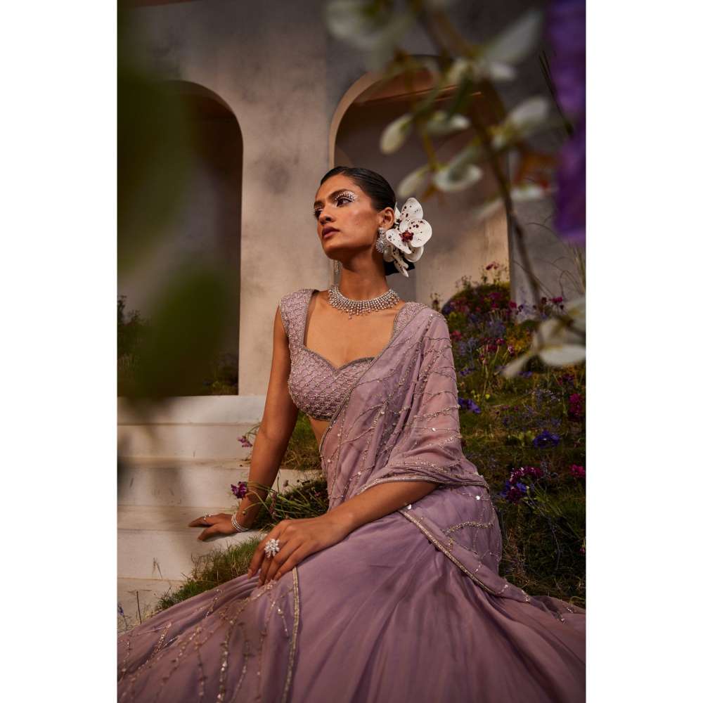 CHARU AND VASUNDHARA Liah Lavender Embellished Lehenga Saree with Stitched Blouse