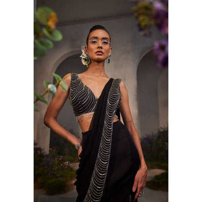 CHARU AND VASUNDHARA Lorelei Black Embroidered Pre-Draped Saree with Stitched Blouse & Palla
