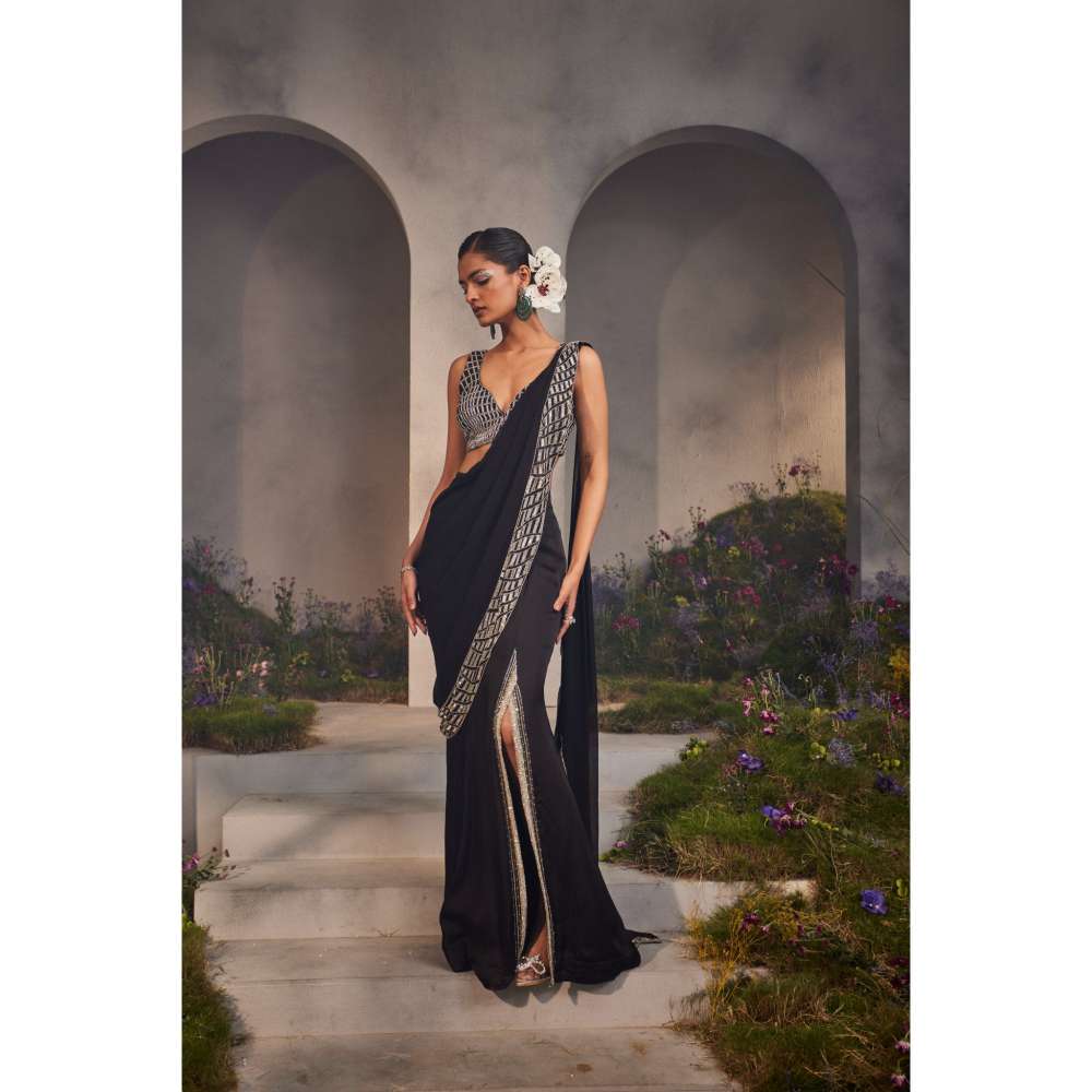 CHARU AND VASUNDHARA Lacey Black Embroidered Pre-Draped Saree with Stitched Blouse & Palla