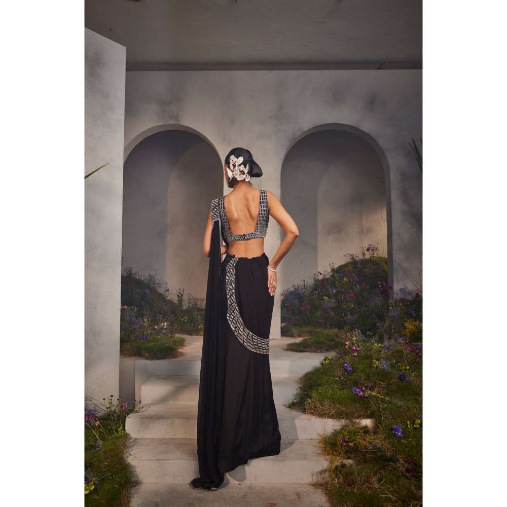 CHARU AND VASUNDHARA Lacey Black Embroidered Pre-Draped Saree with Stitched Blouse & Palla