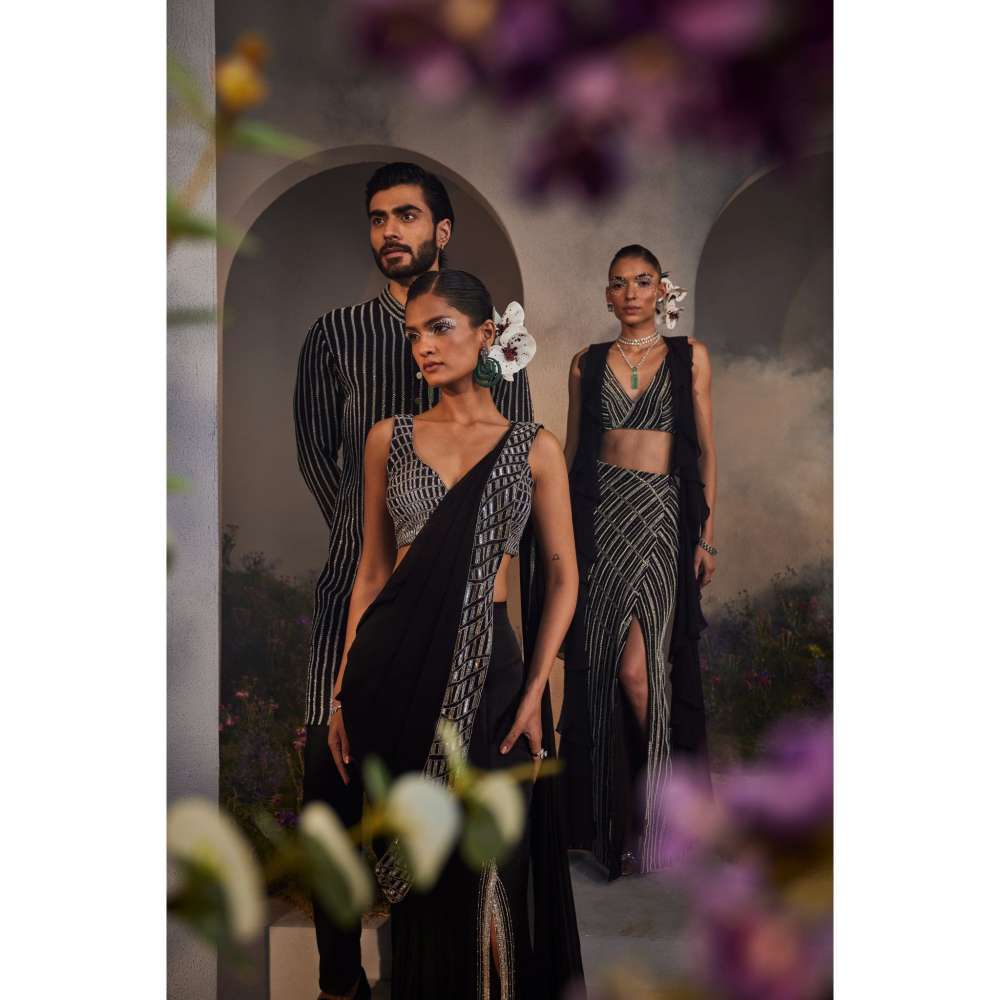 CHARU AND VASUNDHARA Lacey Black Embroidered Pre-Draped Saree with Stitched Blouse & Palla
