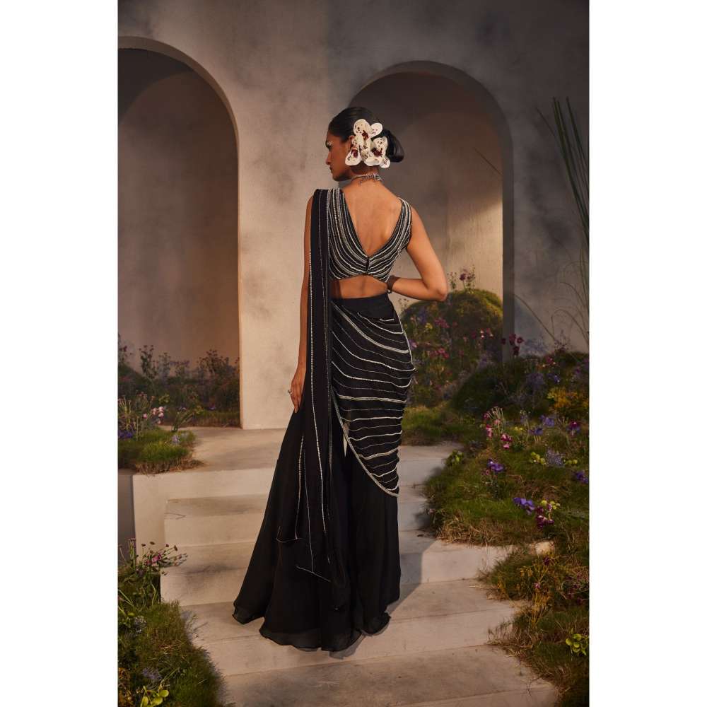 CHARU AND VASUNDHARA Lorelei Black Stitched Blouse with Pre-Draped Pant Saree & Palla