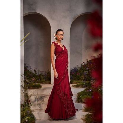 CHARU AND VASUNDHARA Lyla Maroon Ethnic Skirts (Set of 2)