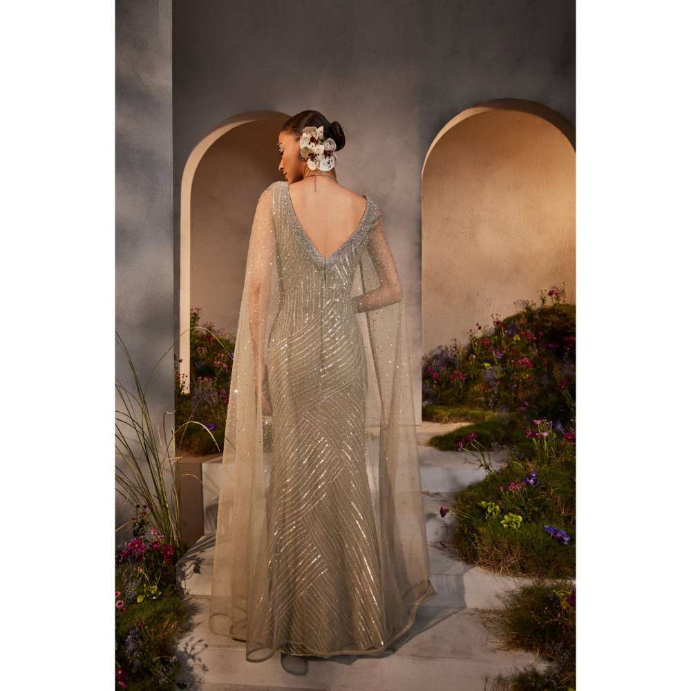 CHARU AND VASUNDHARA Lucy Silver Grey Gown with Attached Cape