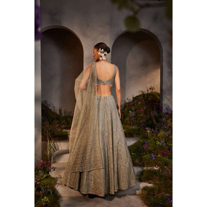 CHARU AND VASUNDHARA Lily Silver Grey Classic Lehenga with Blouse & Dupatta (Set of 3)