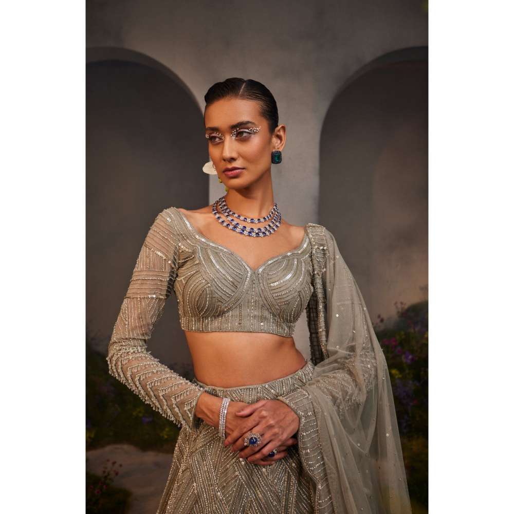 CHARU AND VASUNDHARA Lilian Silver Grey Classic Lehenga with Blouse & Dupatta (Set of 3)
