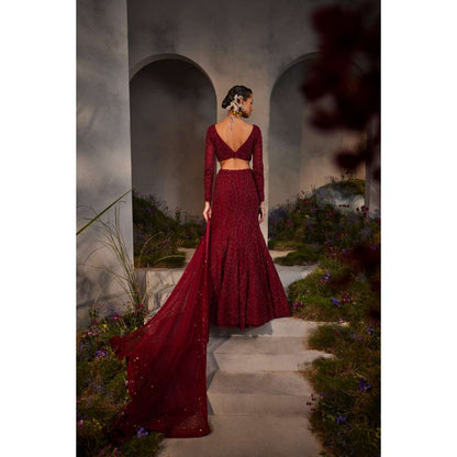 CHARU AND VASUNDHARA Lucia Maroon Classic Lehenga with Blouse & Dupatta (Set of 3)