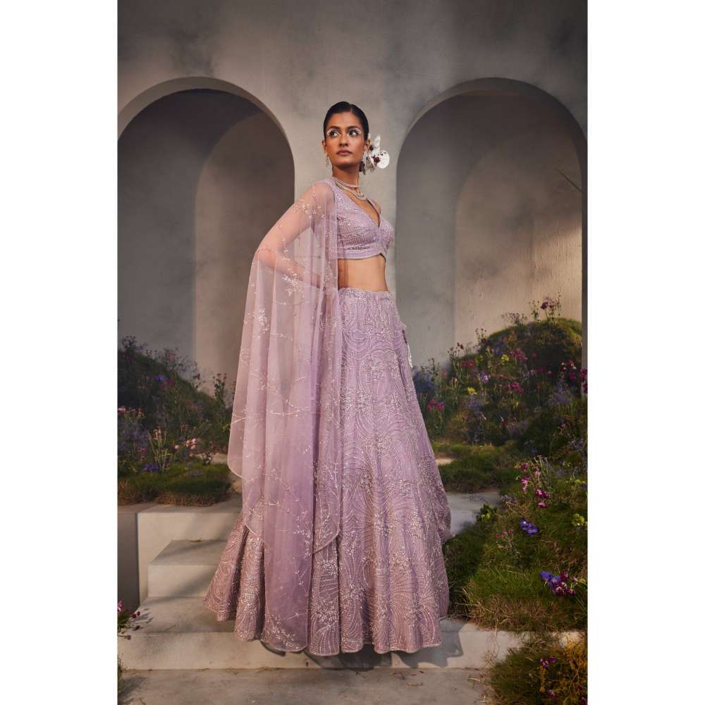 CHARU AND VASUNDHARA Letty Lavender Classic Lehenga with Blouse & Dupatta (Set of 3)