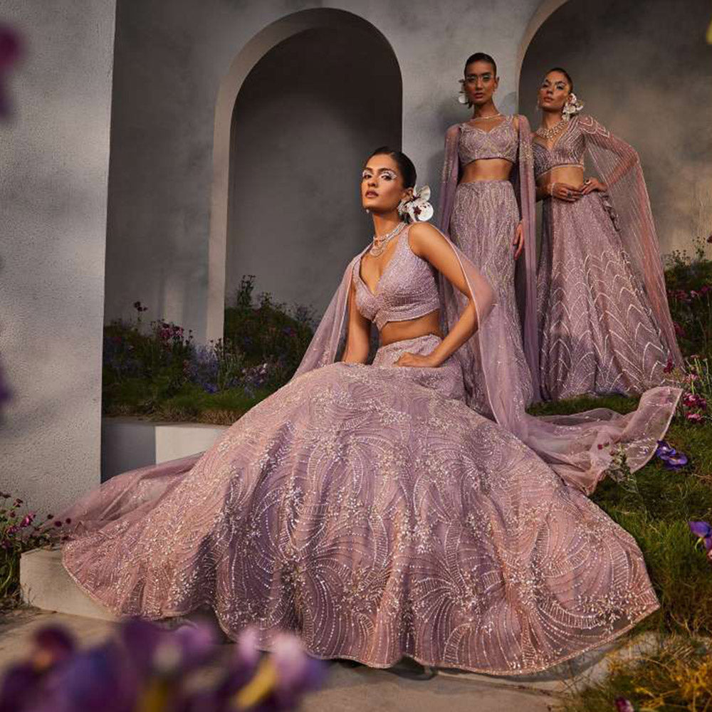 CHARU AND VASUNDHARA Letty Lavender Classic Lehenga with Blouse & Dupatta (Set of 3)