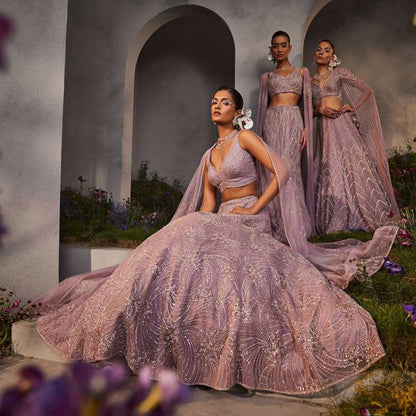 CHARU AND VASUNDHARA Letty Lavender Classic Lehenga with Blouse & Dupatta (Set of 3)