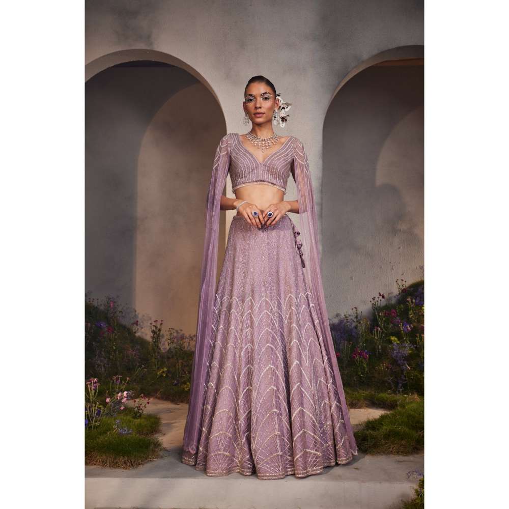CHARU AND VASUNDHARA Lisa Lavender Classic Lehenga & Blouse with Attached Cape (Set of 2)
