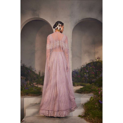 CHARU AND VASUNDHARA Lesly Lavender Classic Lehenga & Blouse with Attached Cape (Set of 2)