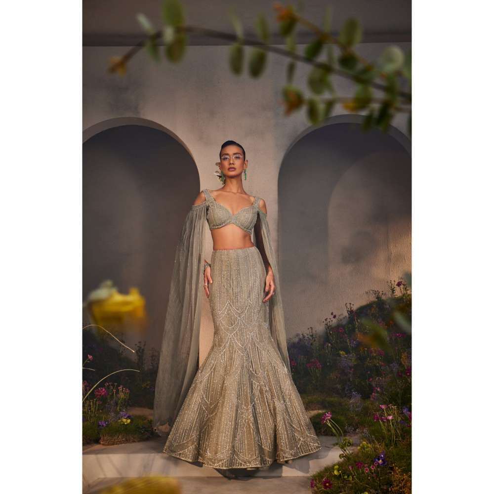 CHARU AND VASUNDHARA Leah Silver Grey Classic Lehenga & Blouse with Attached Cape (Set of 2)