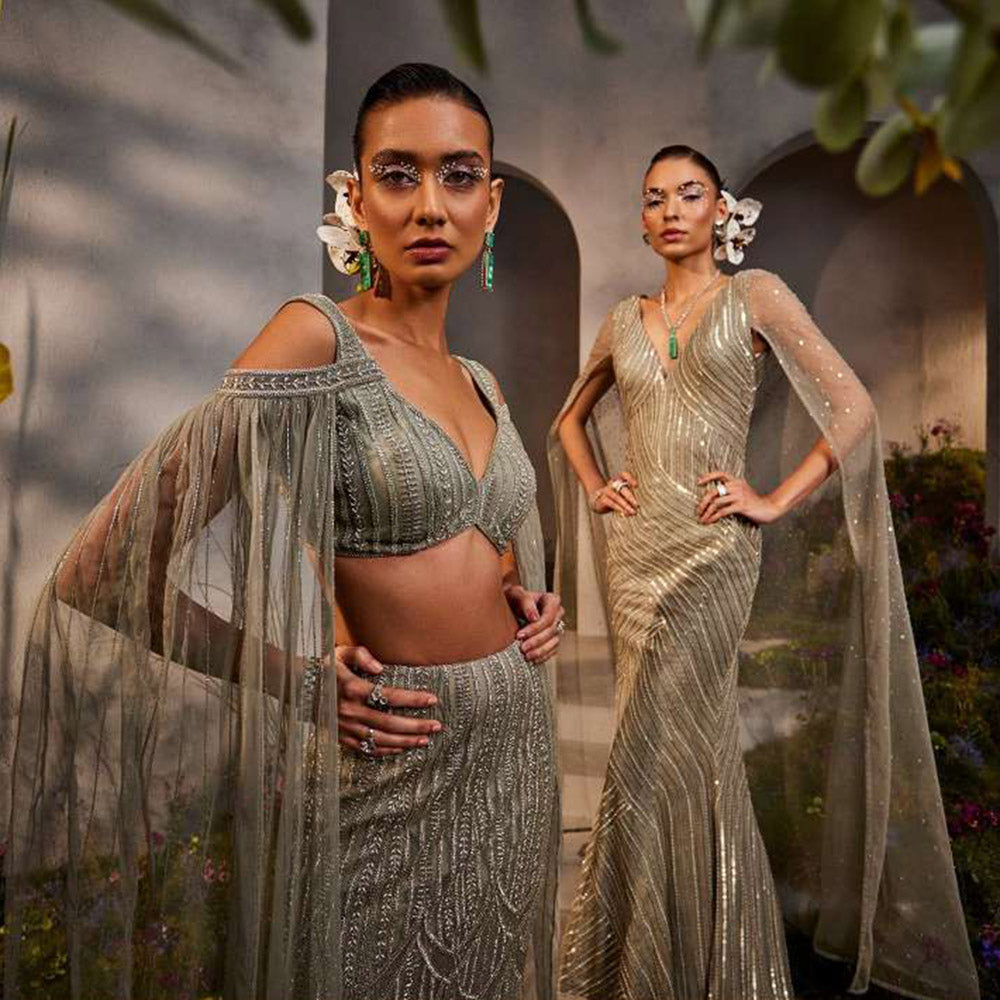 CHARU AND VASUNDHARA Leah Silver Grey Classic Lehenga & Blouse with Attached Cape (Set of 2)