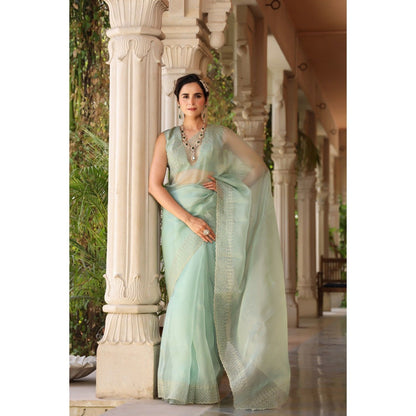 CHARU MAKKAR Green Saree with Unstitched Blouse