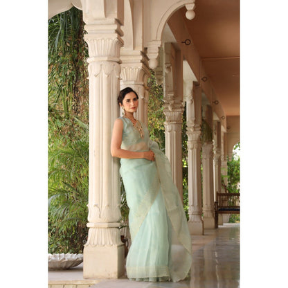 CHARU MAKKAR Green Saree with Unstitched Blouse