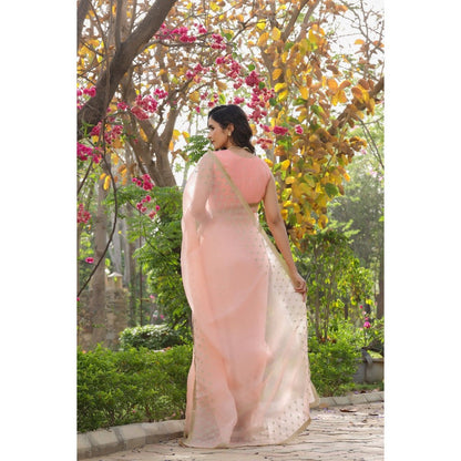 CHARU MAKKAR Peach Saree with Unstitched Blouse