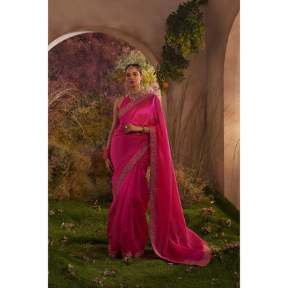 CHARU MAKKAR Hot Pink Saree with Unstitched Blouse