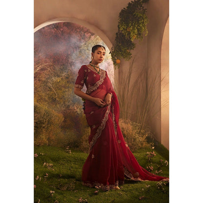 CHARU MAKKAR Maroon Saree with Unstitched Blouse