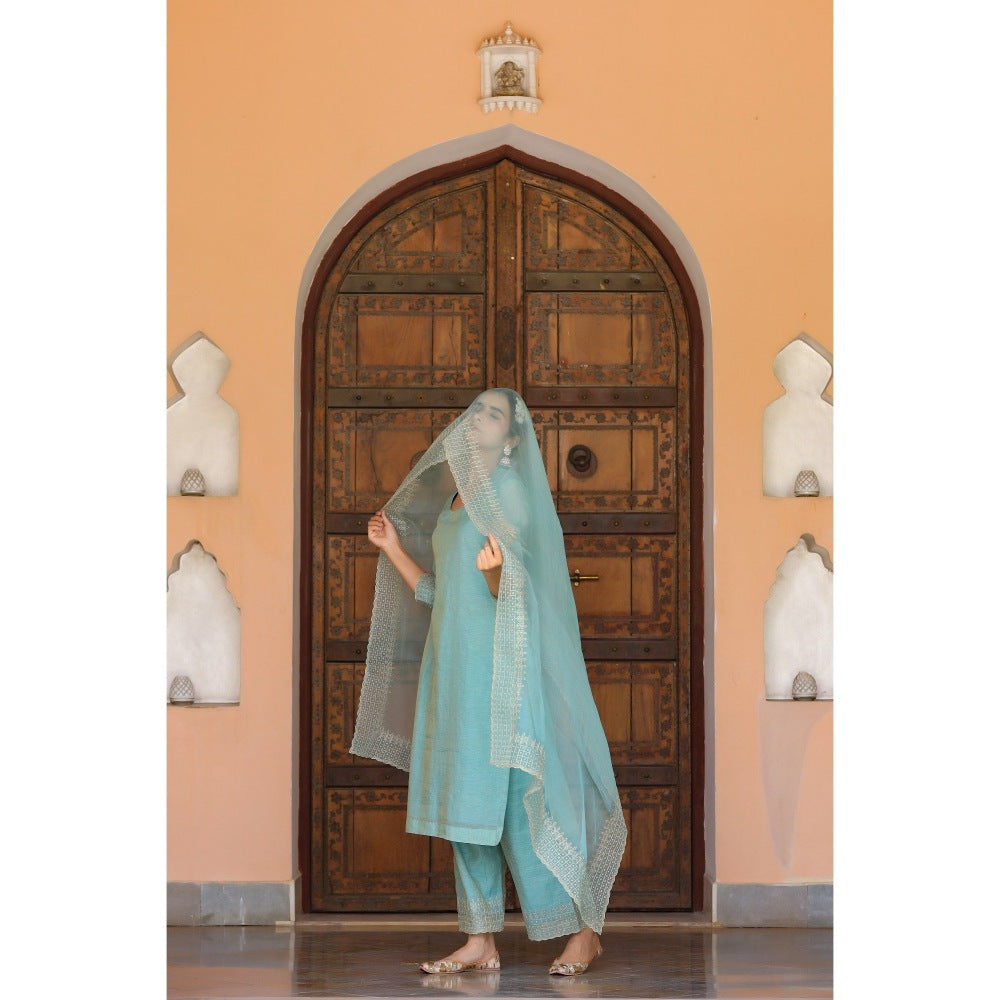 CHARU MAKKAR Blue Green Kurta with Palazzo & Dupatta (Set of 3)