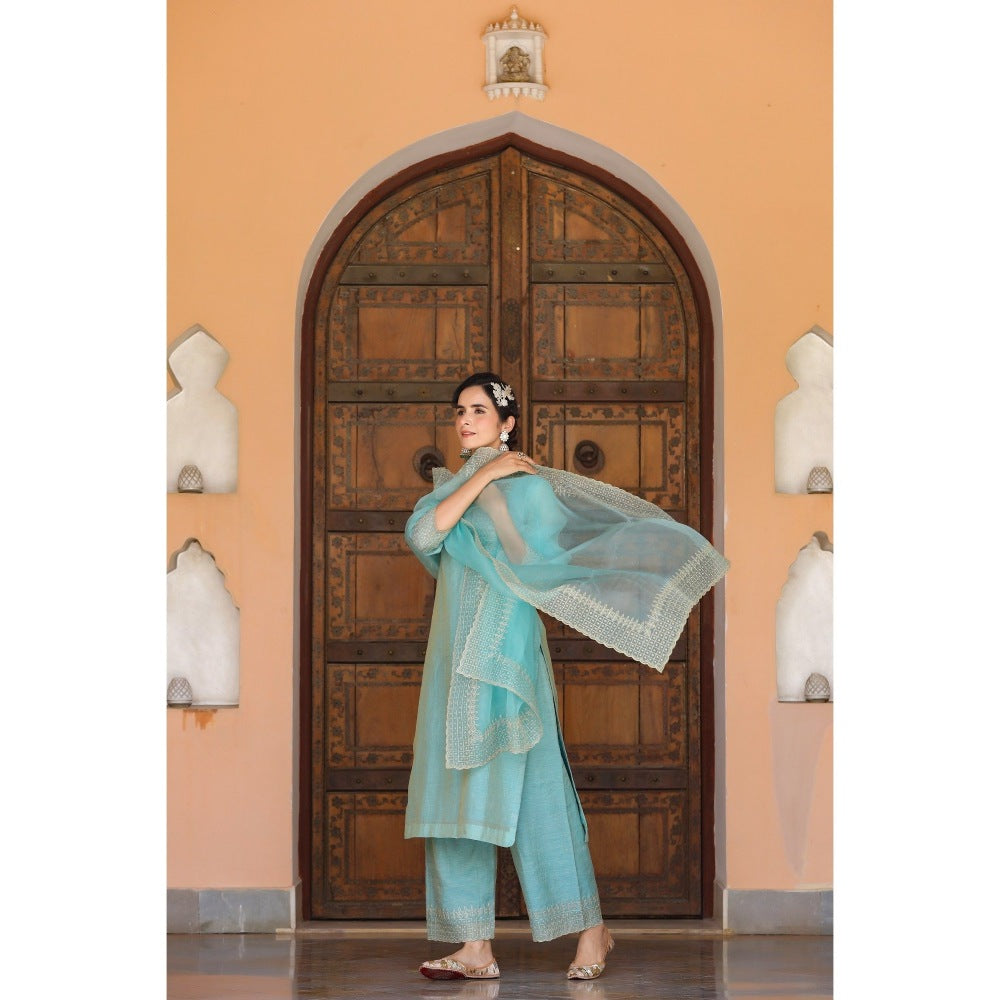 CHARU MAKKAR Blue Green Kurta with Palazzo & Dupatta (Set of 3)