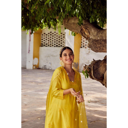 CHARU MAKKAR Yellow Kurta with Palazzo & Dupatta (Set of 3)