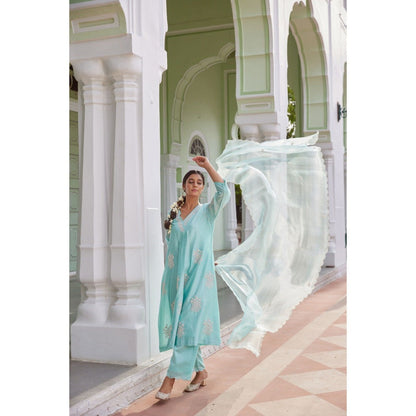 CHARU MAKKAR Blue Kurta with Palazzo & Dupatta (Set of 3)