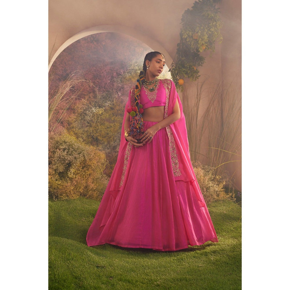 CHARU MAKKAR Hot Pink Cape with Blouse & Skirt (Set of 3)