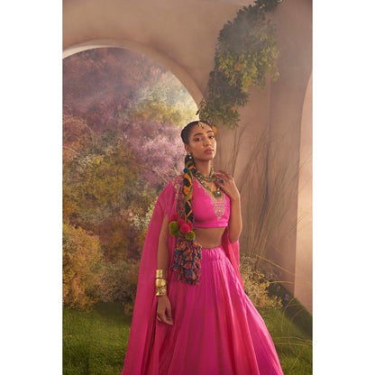 CHARU MAKKAR Hot Pink Cape with Blouse & Skirt (Set of 3)