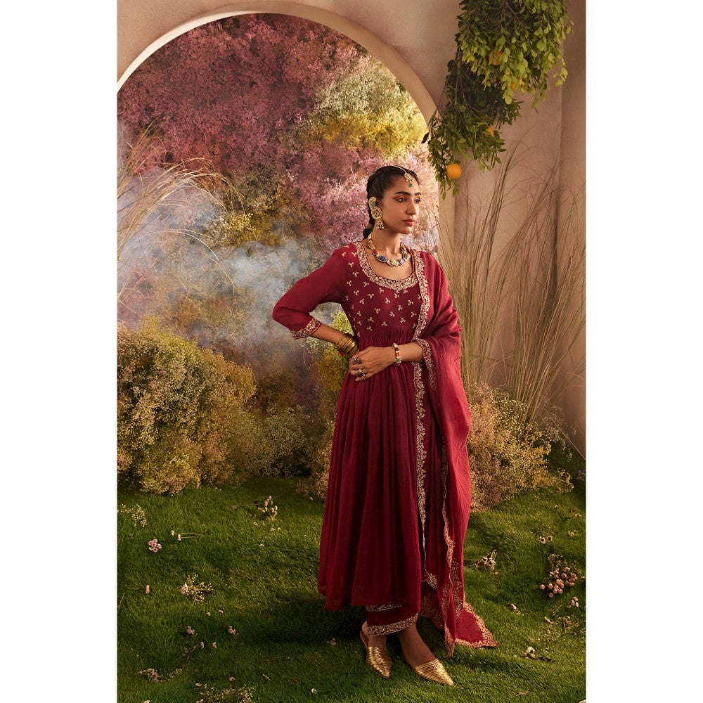 CHARU MAKKAR Maroon Anarkali Kurta & Palazzo (Set of 2)