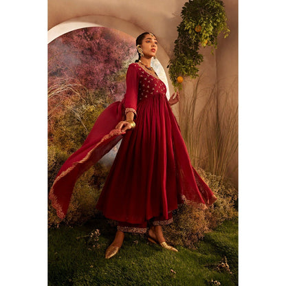 CHARU MAKKAR Maroon Anarkali Kurta with Palazzo & Dupatta (Set of 3)